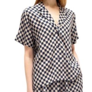 KULE The Tina Button Down Top in Taupe and Indigo Checkerboard Print Sz M
